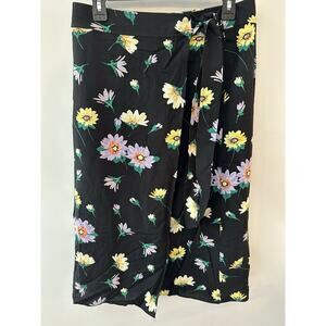 Loft Wrap Skirt Linen Blend Black Bright Floral Daisy Size 6 Vacation Resort NEW